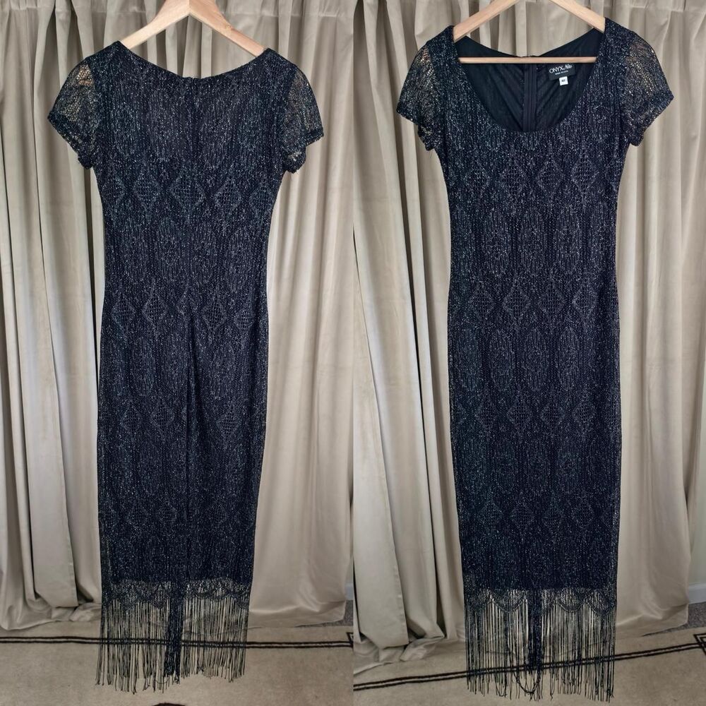 Vintage Onyx Nite Black Silver Metallic Lace Dress with Fringe Hem - Picture 5 of 8
